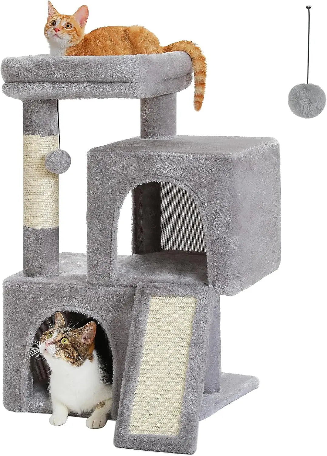 34 Inches Cat Tree Multilevel Cat Tower with Double Condos, Spacious Perch, Fully Wrapped Scratching Sisal Post and Replaceable Dangling Balls Gray