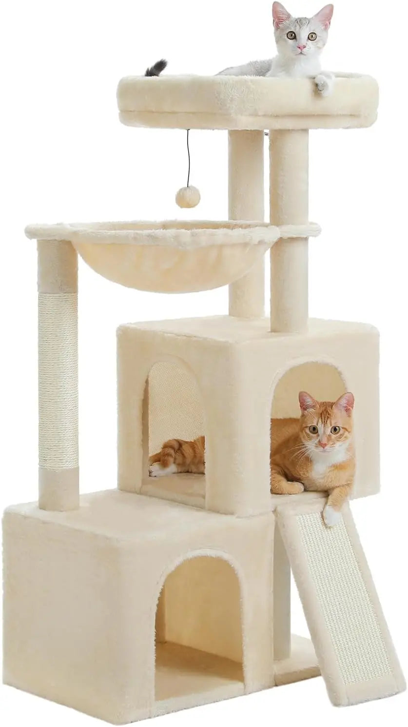 34 Inches Cat Tree Multilevel Cat Tower with Double Condos, Spacious Perch, Fully Wrapped Scratching Sisal Post and Replaceable Dangling Balls Gray