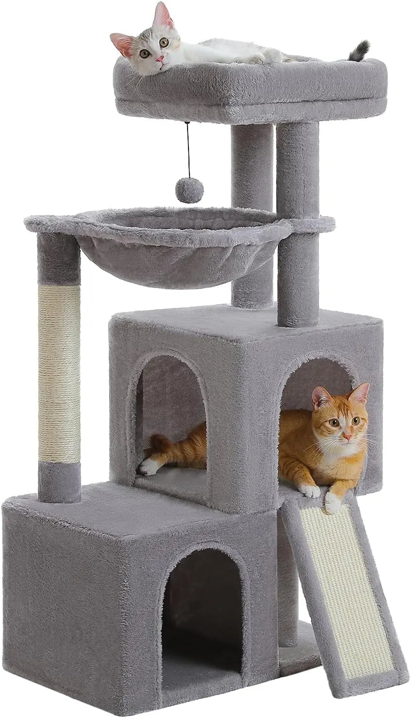 34 Inches Cat Tree Multilevel Cat Tower with Double Condos, Spacious Perch, Fully Wrapped Scratching Sisal Post and Replaceable Dangling Balls Gray