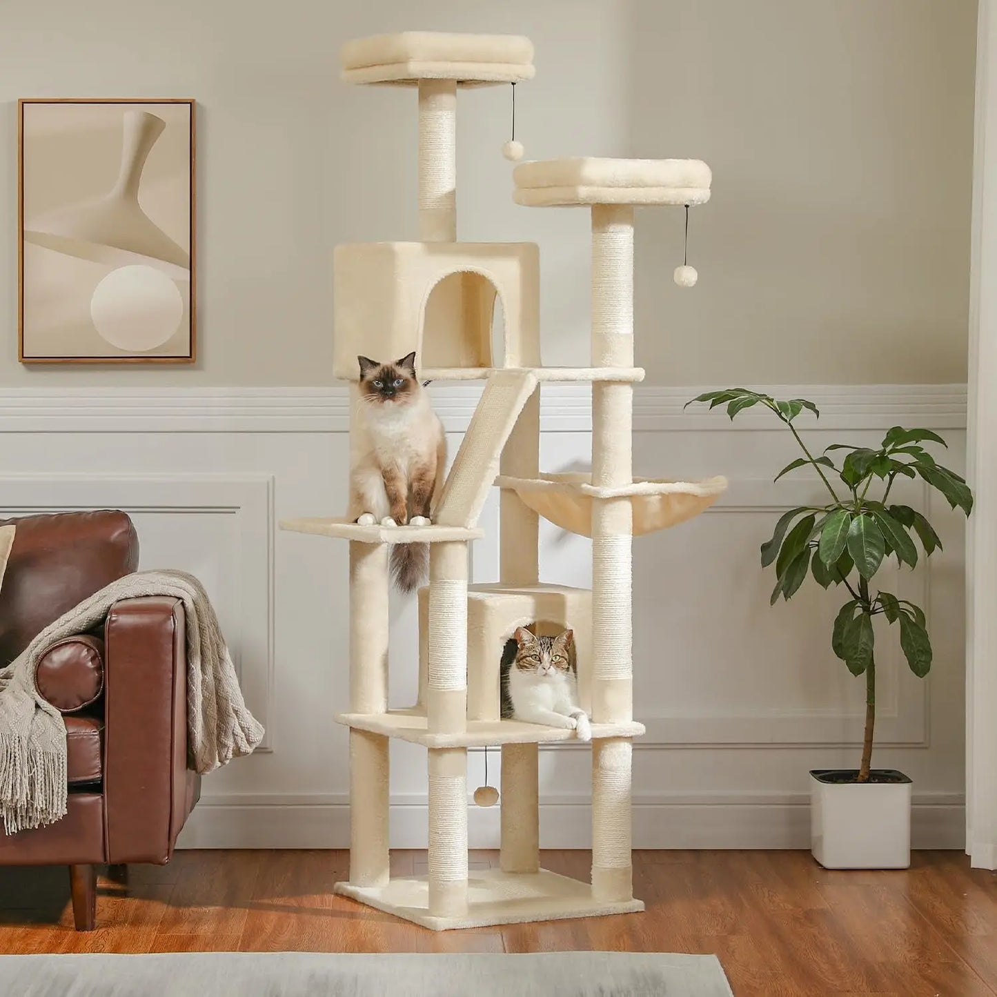 34 Inches Cat Tree Multilevel Cat Tower with Double Condos, Spacious Perch, Fully Wrapped Scratching Sisal Post and Replaceable Dangling Balls Gray