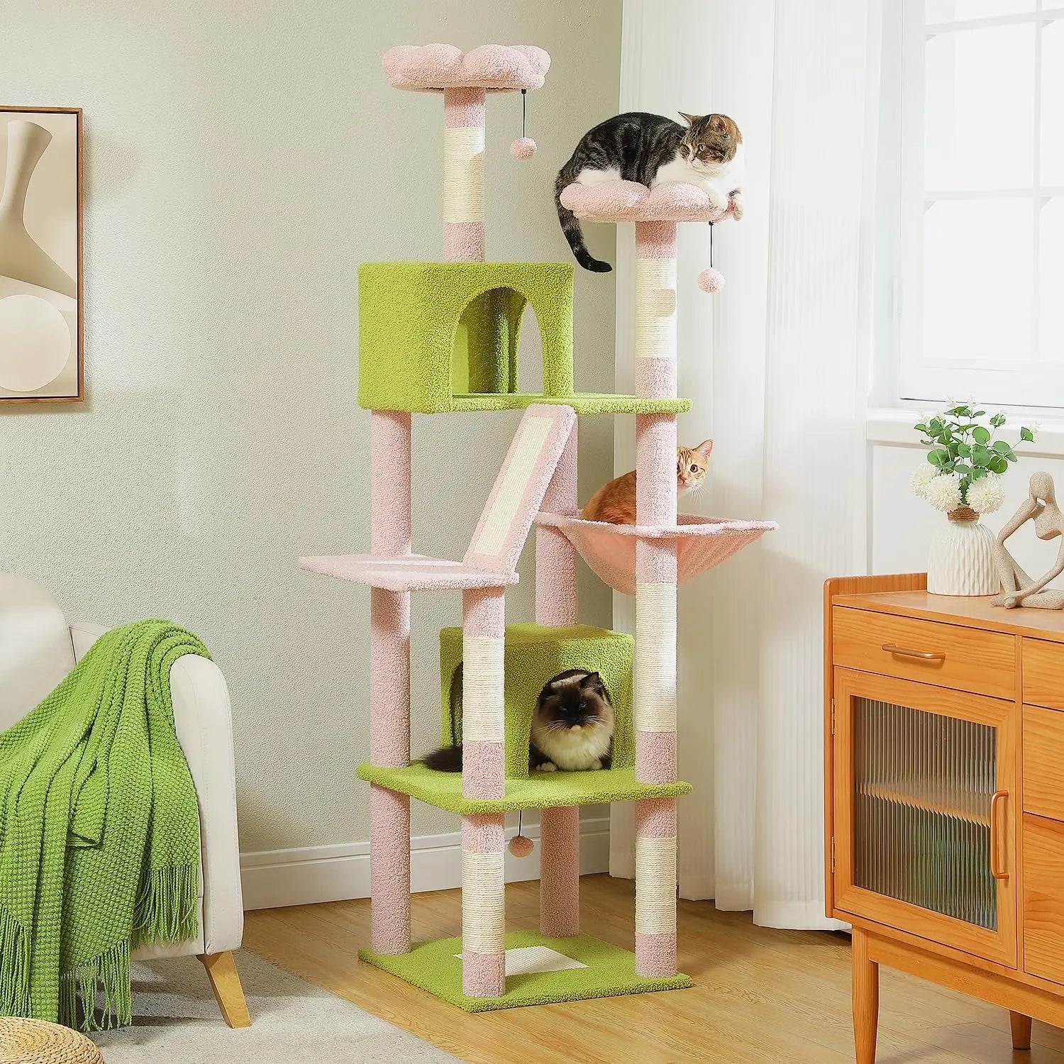 34 Inches Cat Tree Multilevel Cat Tower with Double Condos, Spacious Perch, Fully Wrapped Scratching Sisal Post and Replaceable Dangling Balls Gray