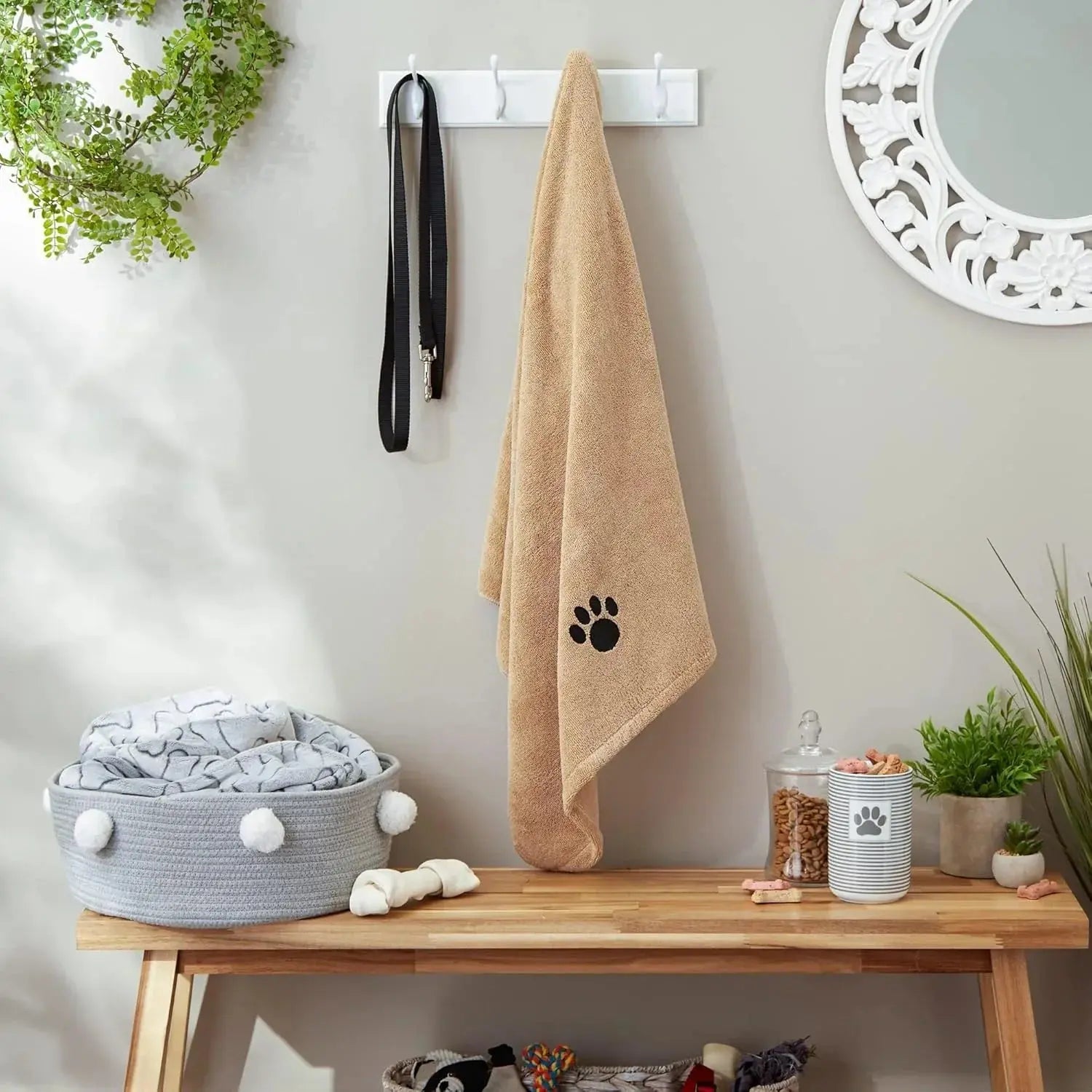 Pet Grooming Towel Collection Absorbent Microfiber X-Large, 41X23.5", Embroidered Taupe