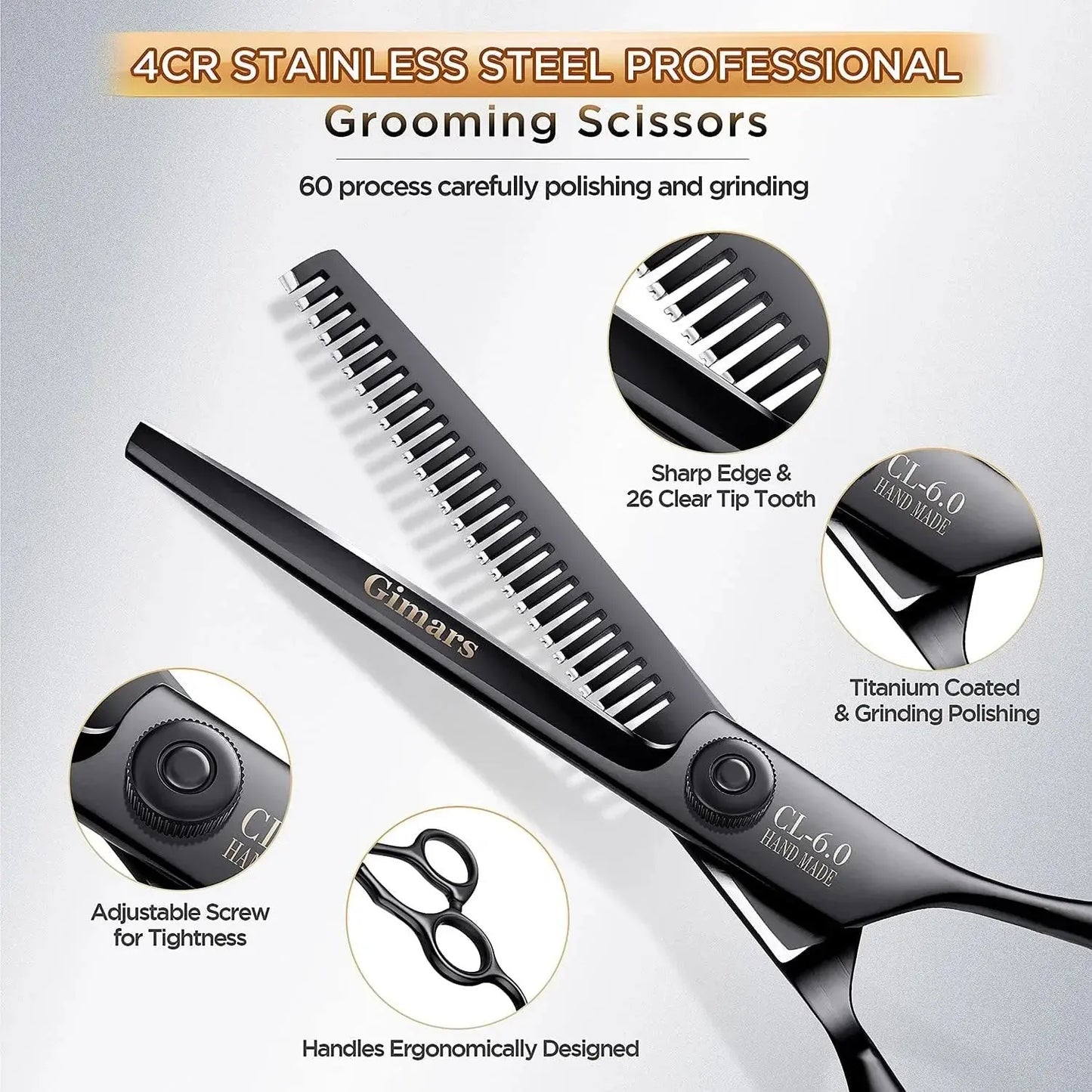 7Inch Professional 4CR Stainless Steel 6 in 1 Grooming Scissors for Dogs with Safety round Tip, Heavy Duty Titanium Coated Pet Grooming Scissor for Dogs, Cats and Other Animals