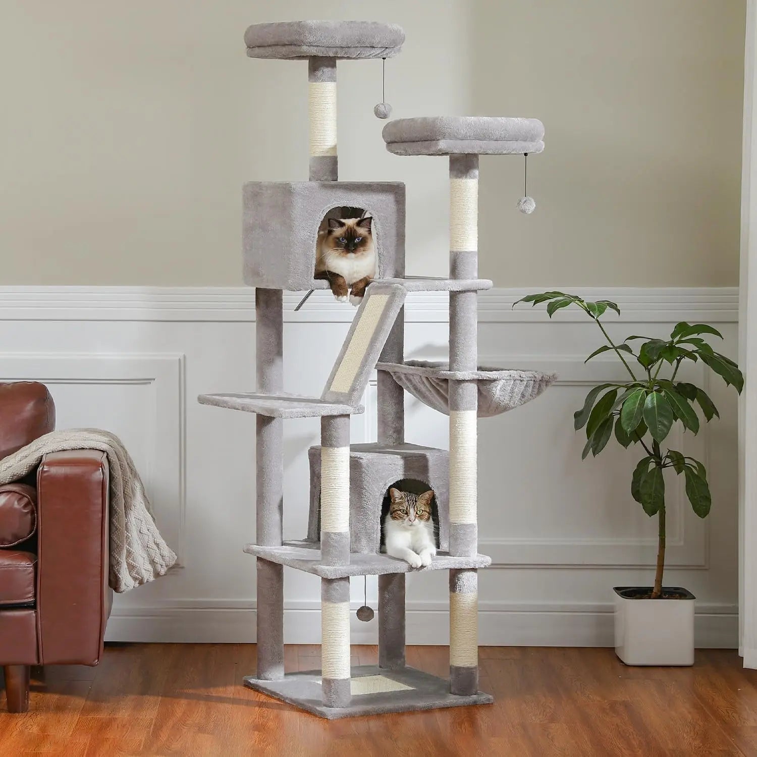 34 Inches Cat Tree Multilevel Cat Tower with Double Condos, Spacious Perch, Fully Wrapped Scratching Sisal Post and Replaceable Dangling Balls Gray