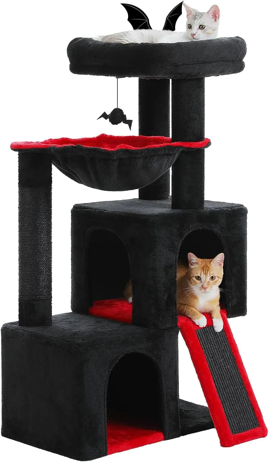 34 Inches Cat Tree Multilevel Cat Tower with Double Condos, Spacious Perch, Fully Wrapped Scratching Sisal Post and Replaceable Dangling Balls Gray