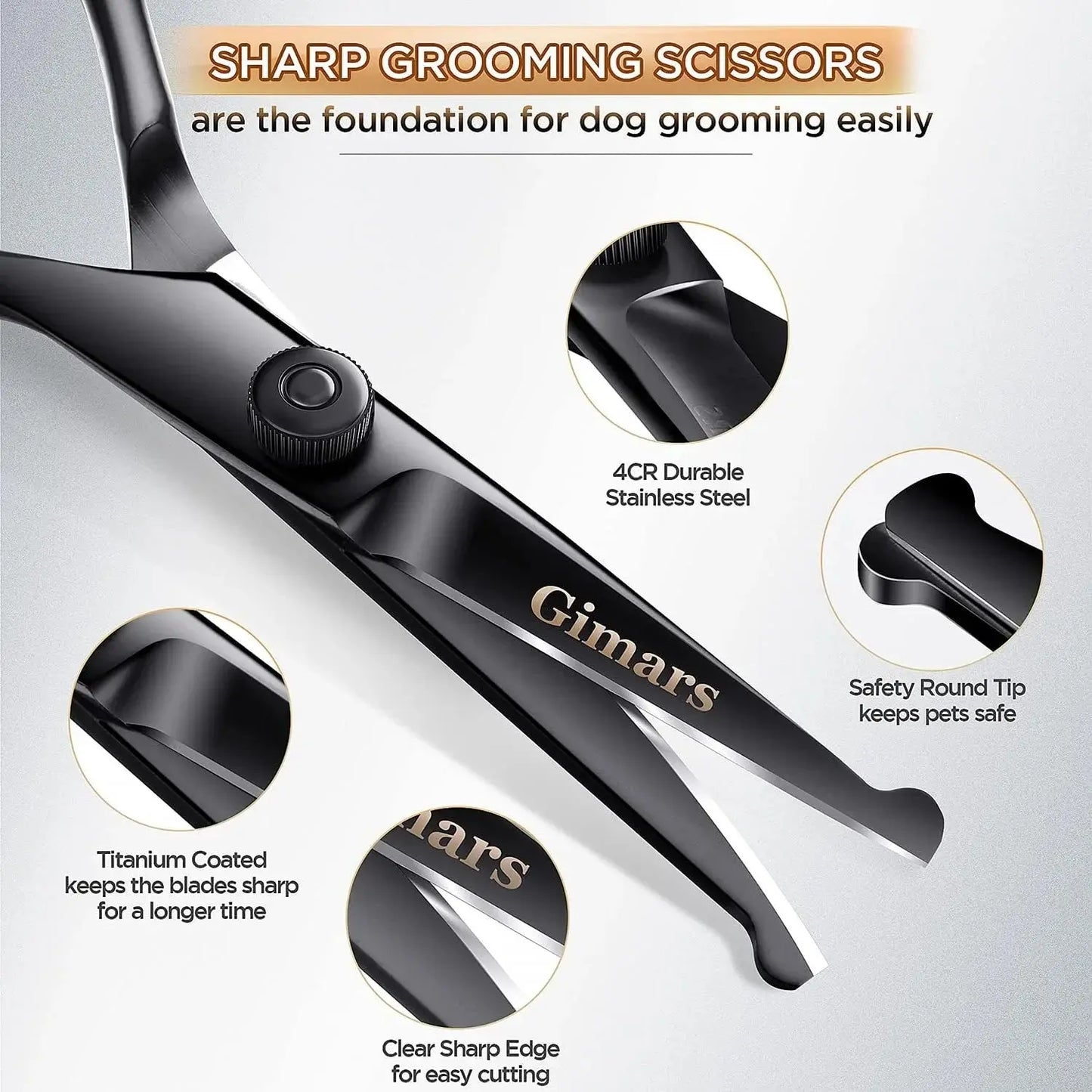 7Inch Professional 4CR Stainless Steel 6 in 1 Grooming Scissors for Dogs with Safety round Tip, Heavy Duty Titanium Coated Pet Grooming Scissor for Dogs, Cats and Other Animals