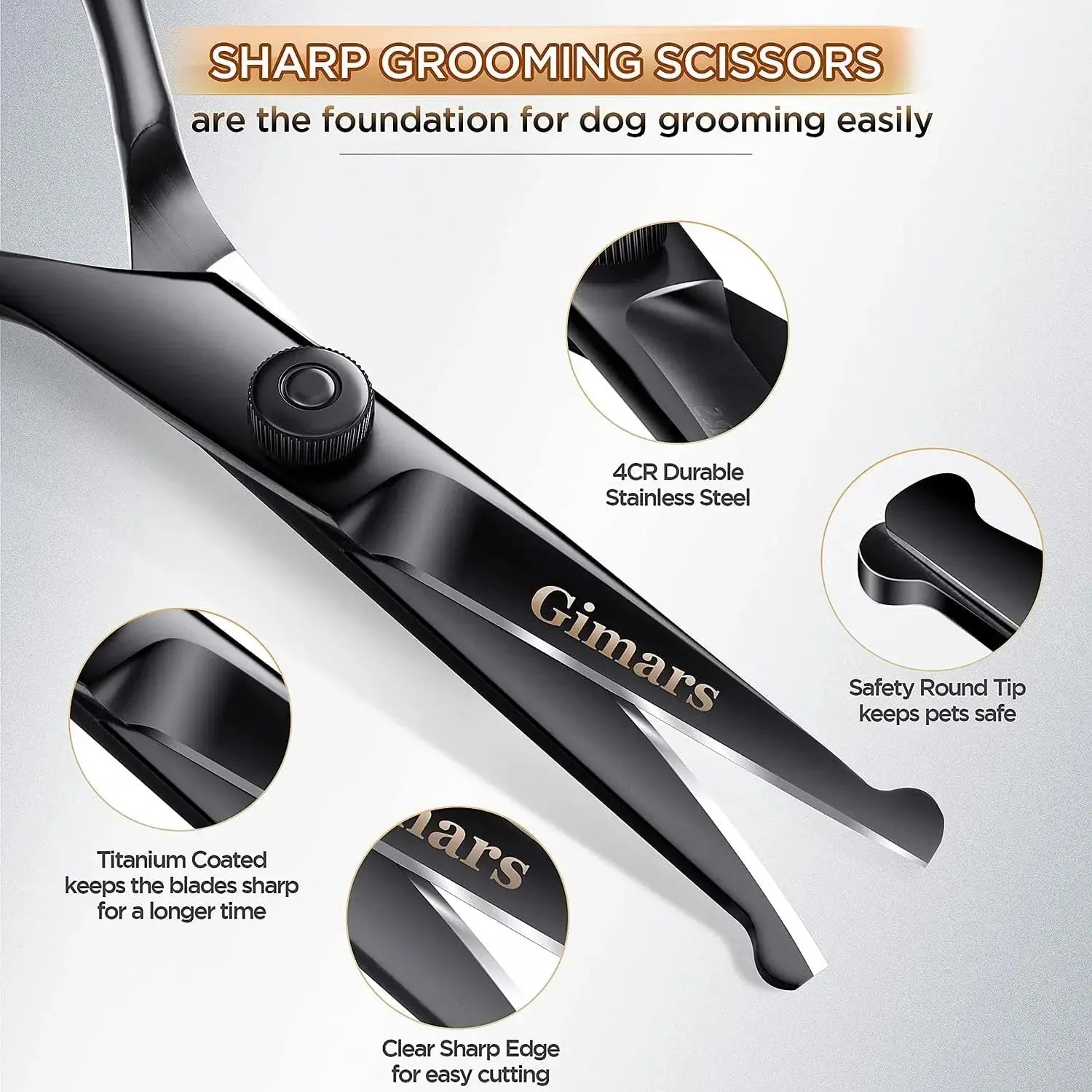 7Inch Professional 4CR Stainless Steel 6 in 1 Grooming Scissors for Dogs with Safety round Tip, Heavy Duty Titanium Coated Pet Grooming Scissor for Dogs, Cats and Other Animals