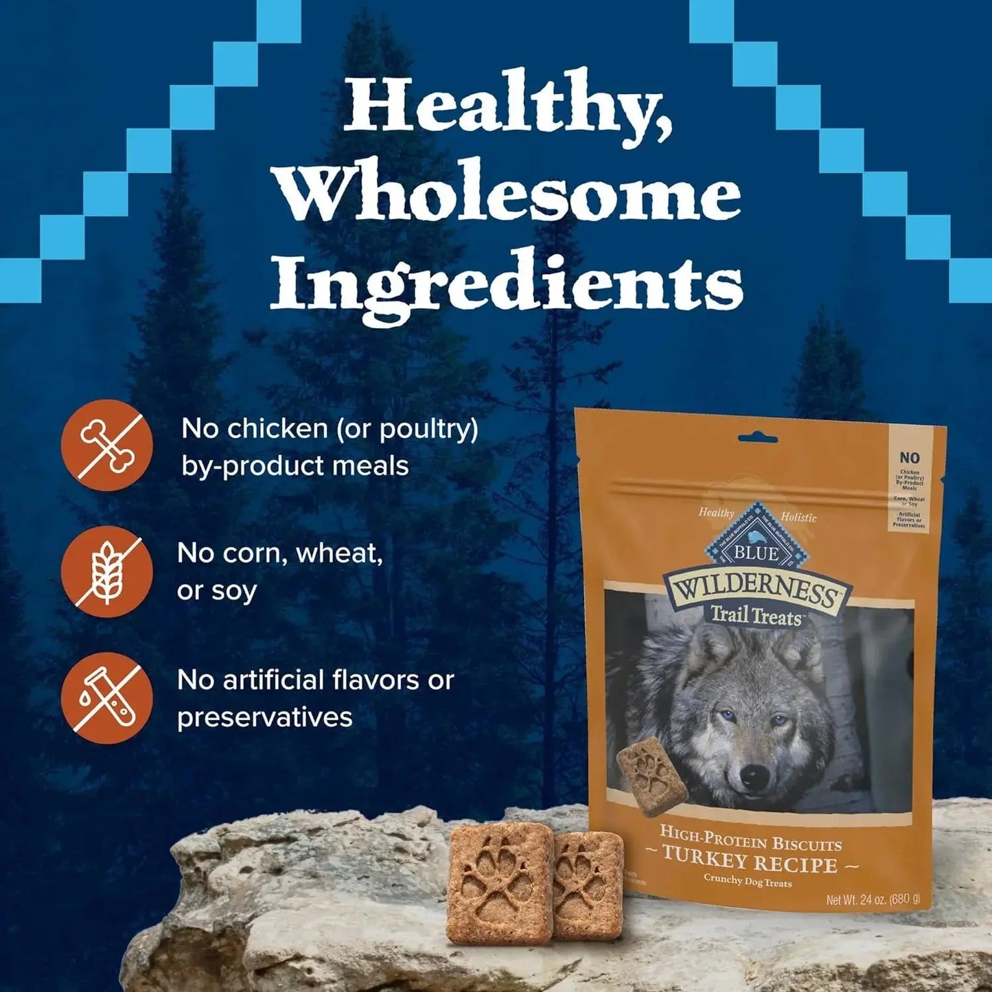 Wilderness Trail Treats High Protein Grain Free Dog Biscuits Crunchy Dog Treats, Turkey Recipe, 24-Oz Bag