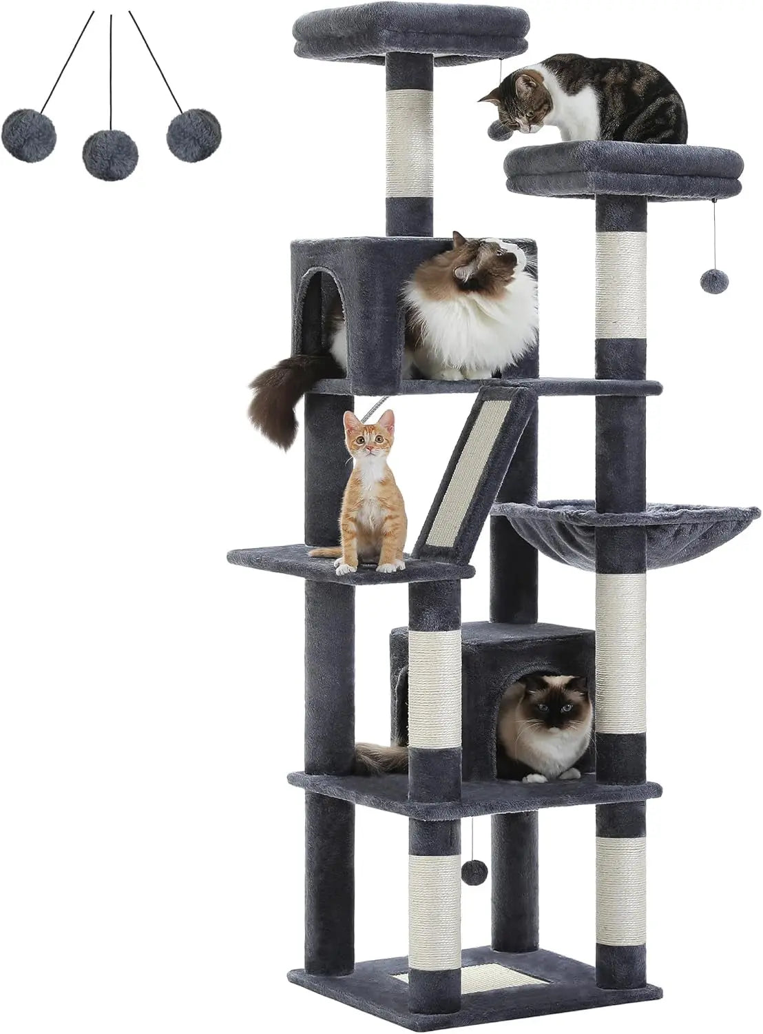 34 Inches Cat Tree Multilevel Cat Tower with Double Condos, Spacious Perch, Fully Wrapped Scratching Sisal Post and Replaceable Dangling Balls Gray