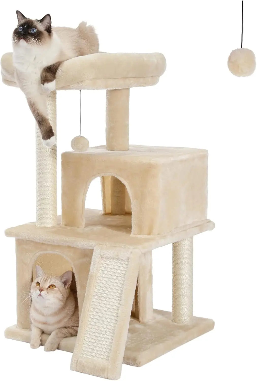 34 Inches Cat Tree Multilevel Cat Tower with Double Condos, Spacious Perch, Fully Wrapped Scratching Sisal Post and Replaceable Dangling Balls Gray