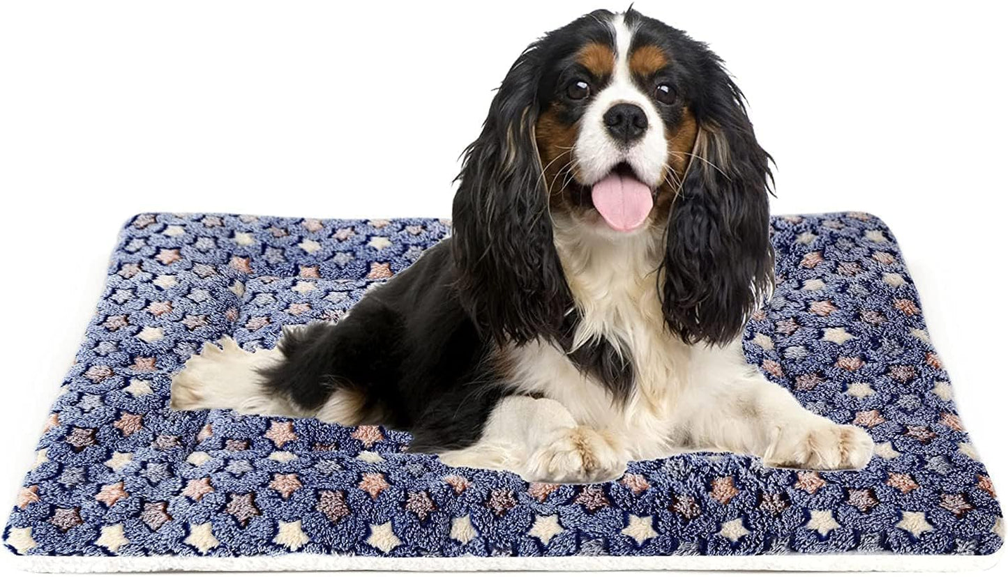 Dog Bed Crate Pad Ultra Soft Pet Bed with Cute Star Print Washable Crate Mat for Large Medium Small Dogs Reversible Fleece Dog Crate Kennel Mat Cat Bed Liner 23 X 18 Inch Dark Blue